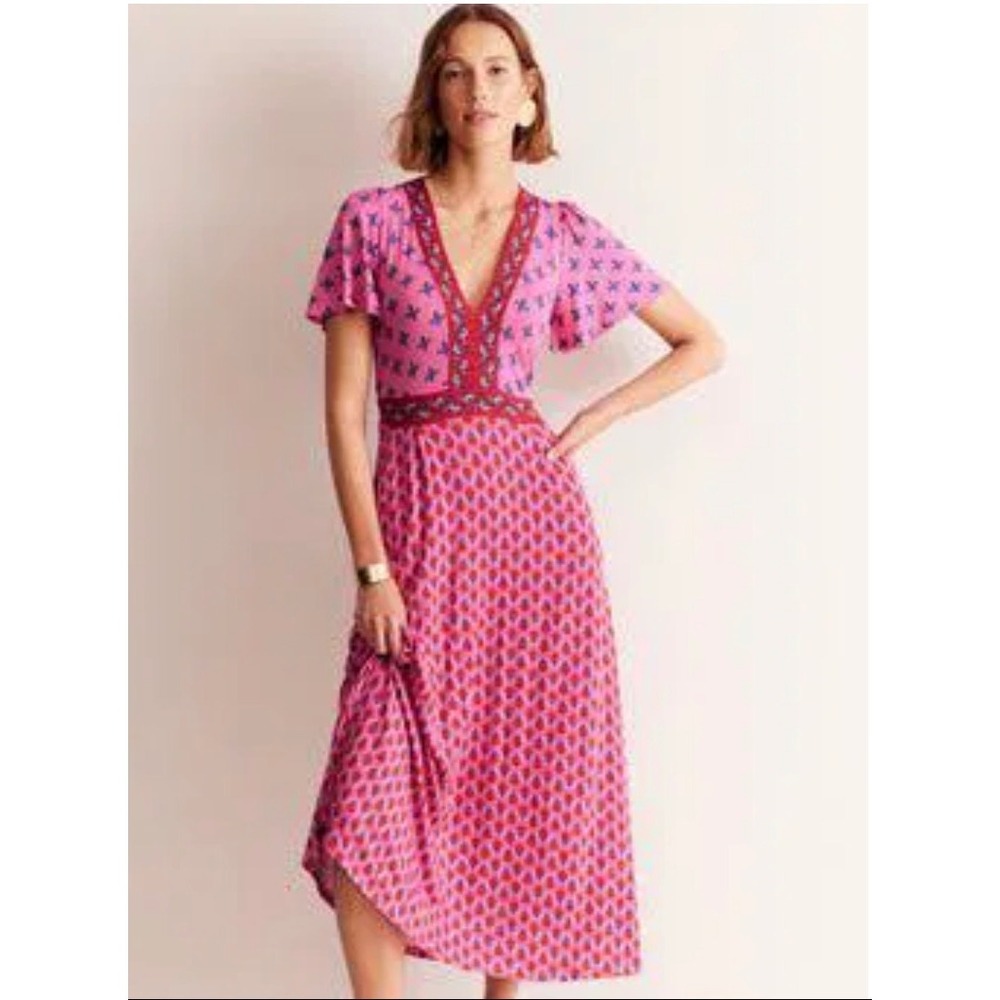 Boden Ellie Flutter Maxi Tea‎ Dress Pink Floral Geometric Dress 4P Petite